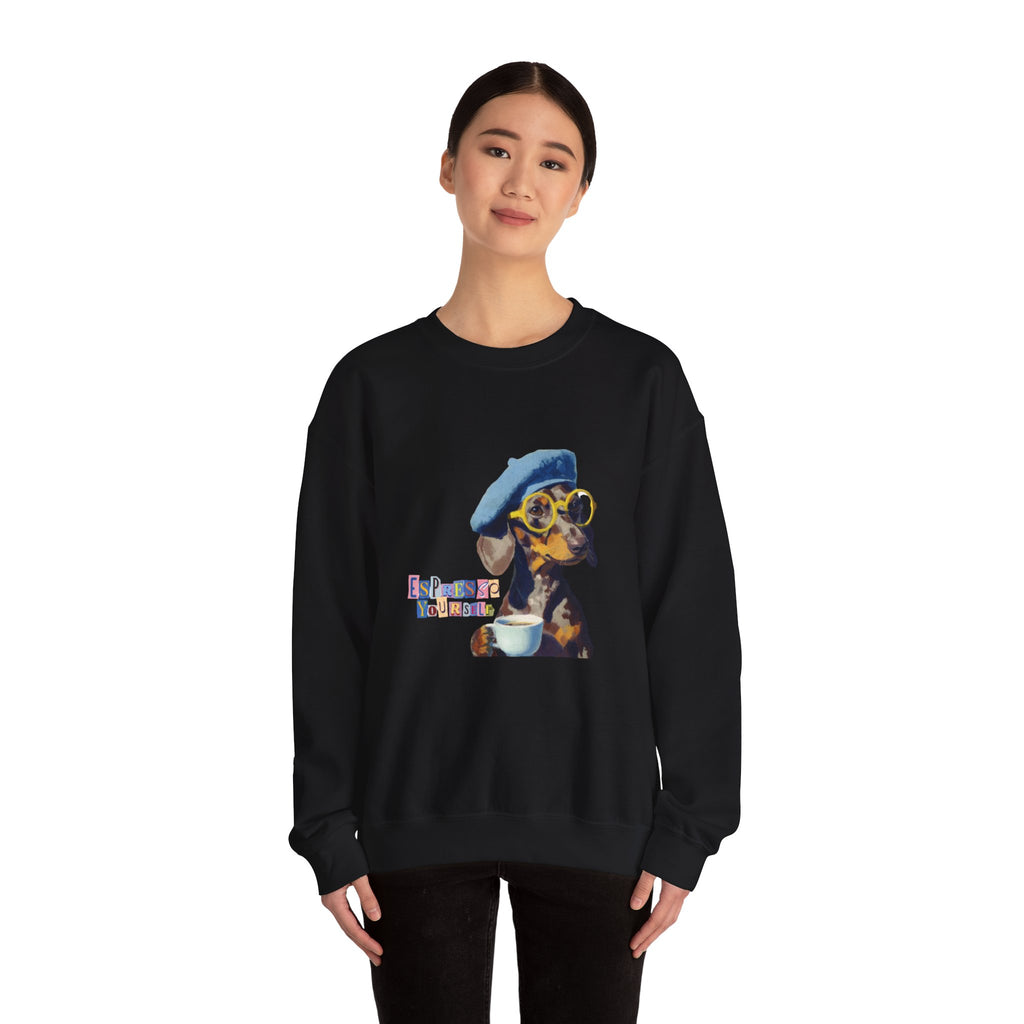 Dachshund in Beret and Sunglasses Sweatshirt | Espresso & Mornings Design