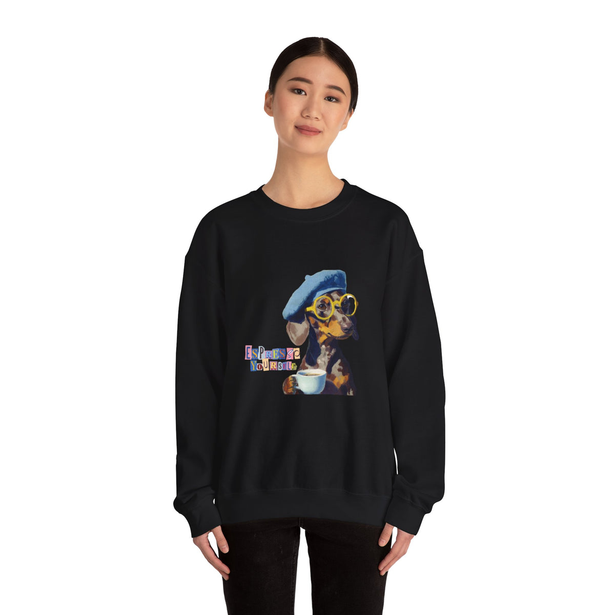 Dachshund in Beret and Sunglasses Sweatshirt | Espresso & Mornings Design