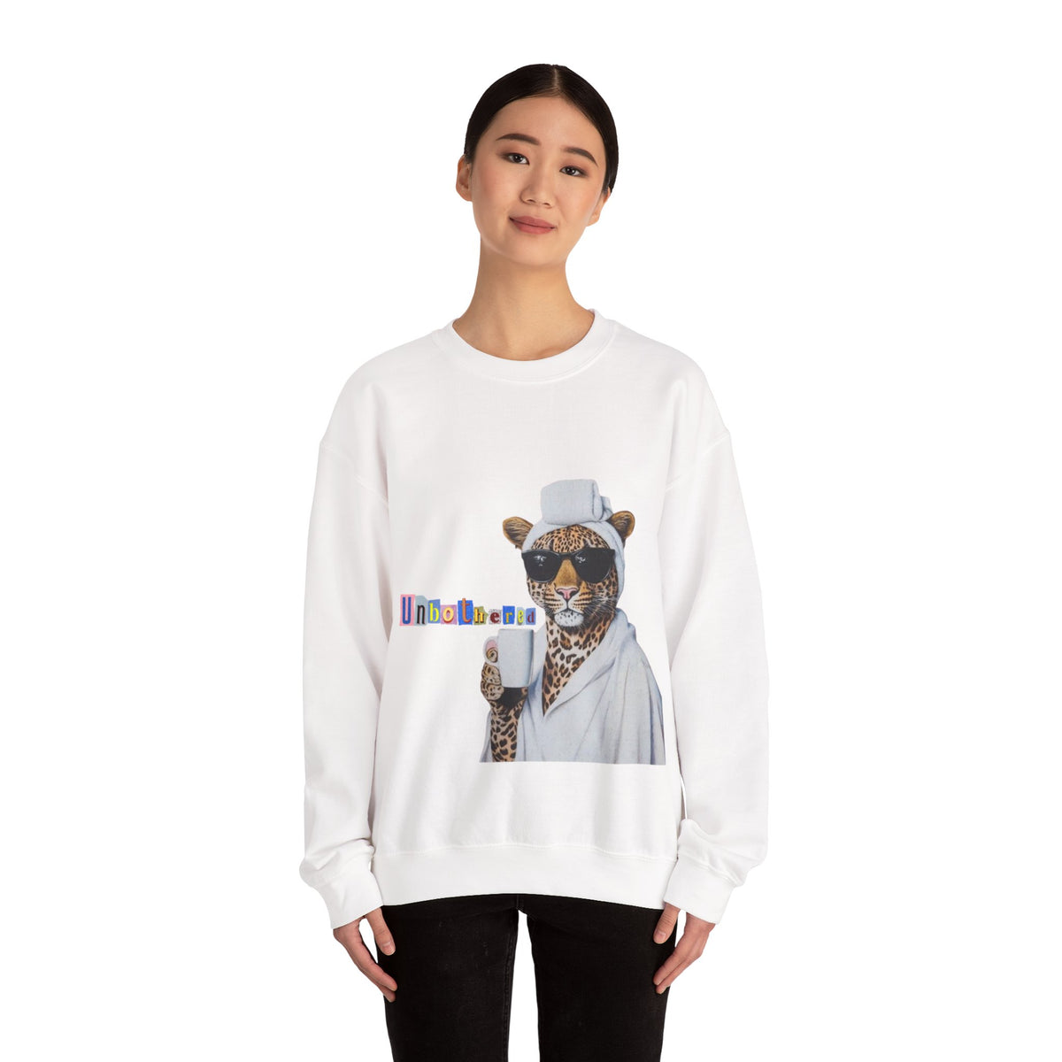 Leopard Spa Lounge with Coffee Crewneck Sweatshirt | Relaxed Animal Illustration