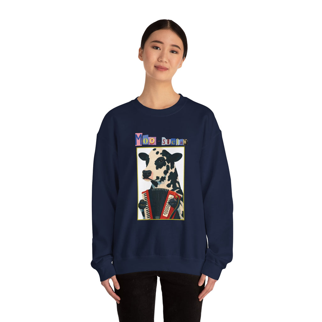 Cow Playing Accordion Crewneck, Retro Animal Music Sweatshirt
