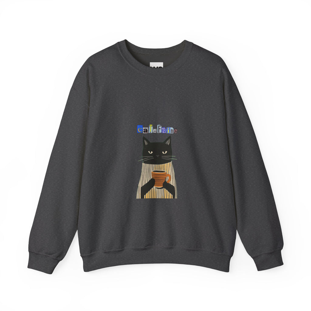 Black Cat Holding Coffee Crewneck Sweatshirt | Cozy Cat Illustration