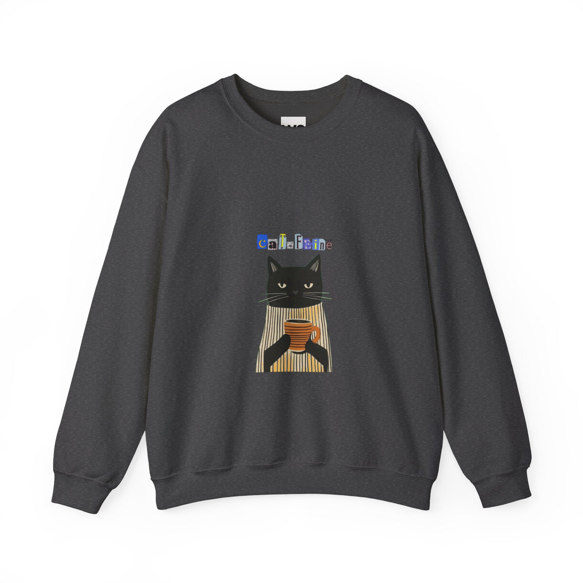 Black Cat Holding Coffee Crewneck Sweatshirt | Cozy Cat Illustration
