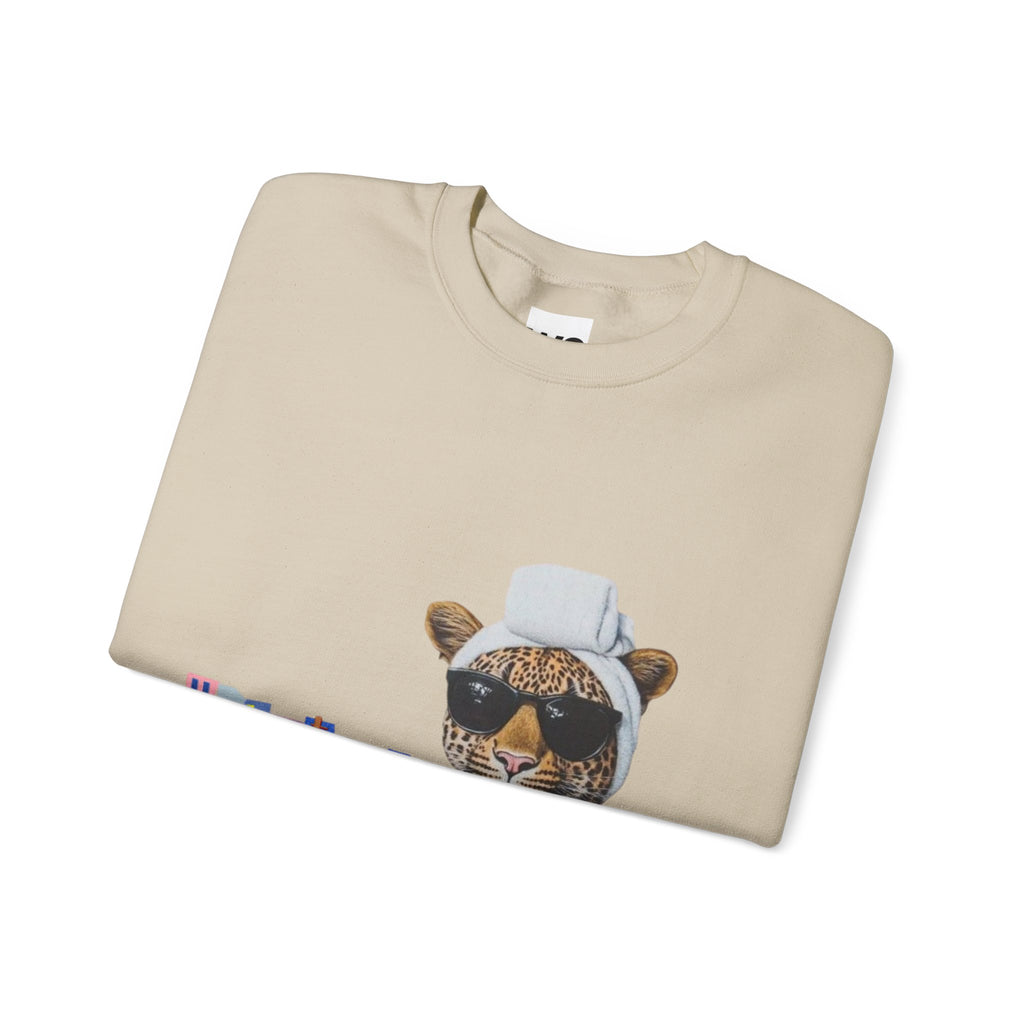 Leopard Spa Lounge with Coffee Crewneck Sweatshirt | Relaxed Animal Illustration
