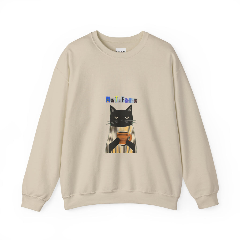 Black Cat Holding Coffee Crewneck Sweatshirt | Cozy Cat Illustration