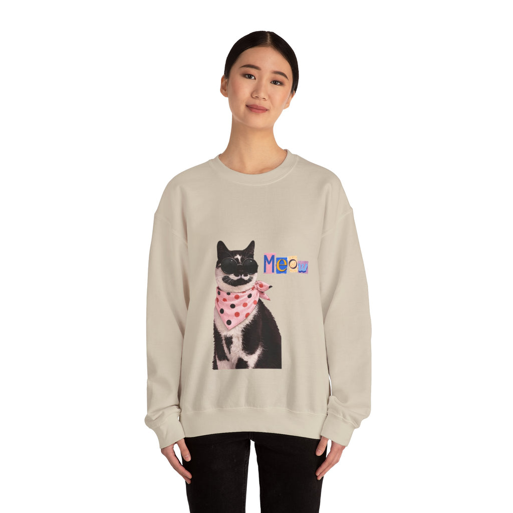 Cute Black Cat with Polka Dot Bandana Sweatshirt | 'Meow' Graphic