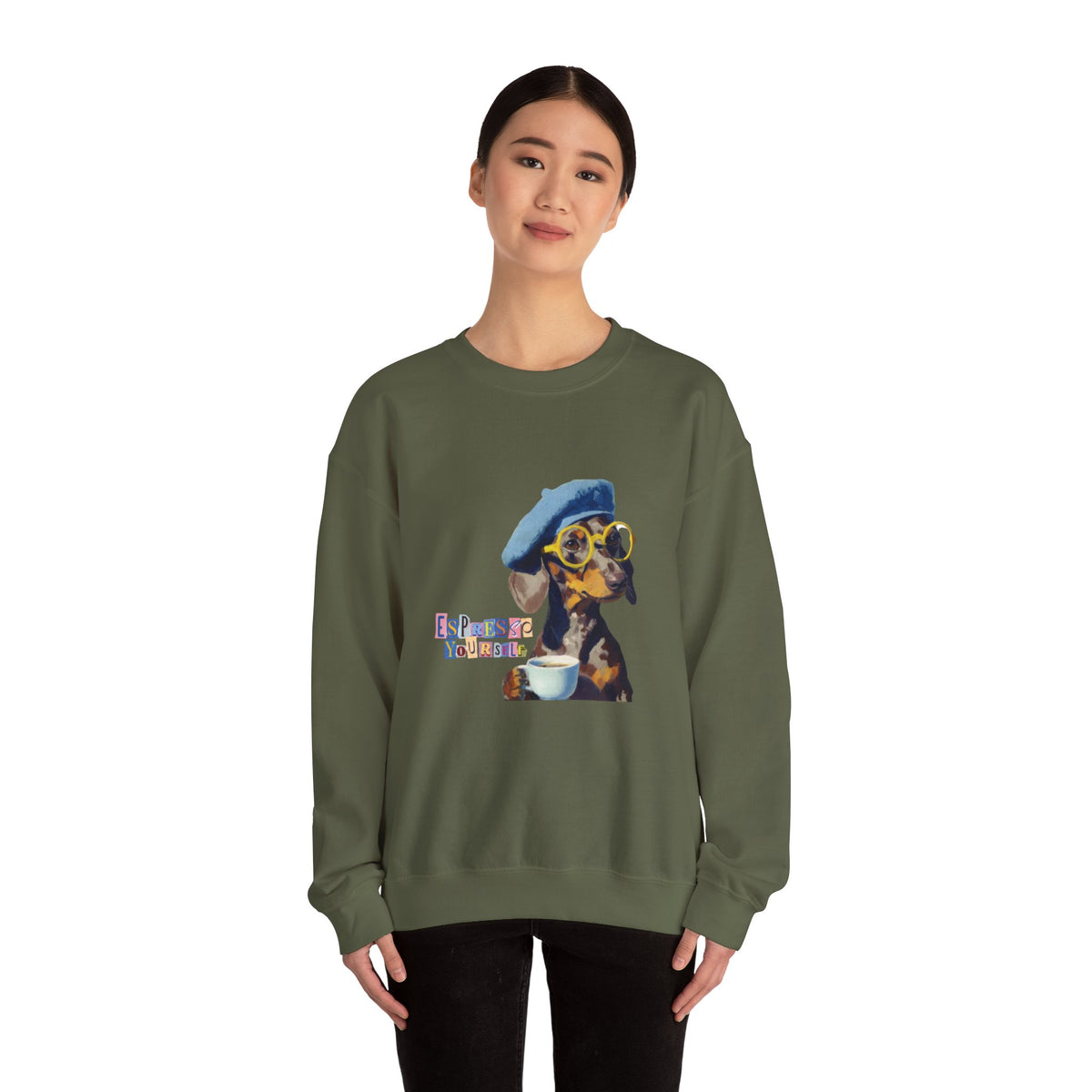 Dachshund in Beret and Sunglasses Sweatshirt | Espresso & Mornings Design