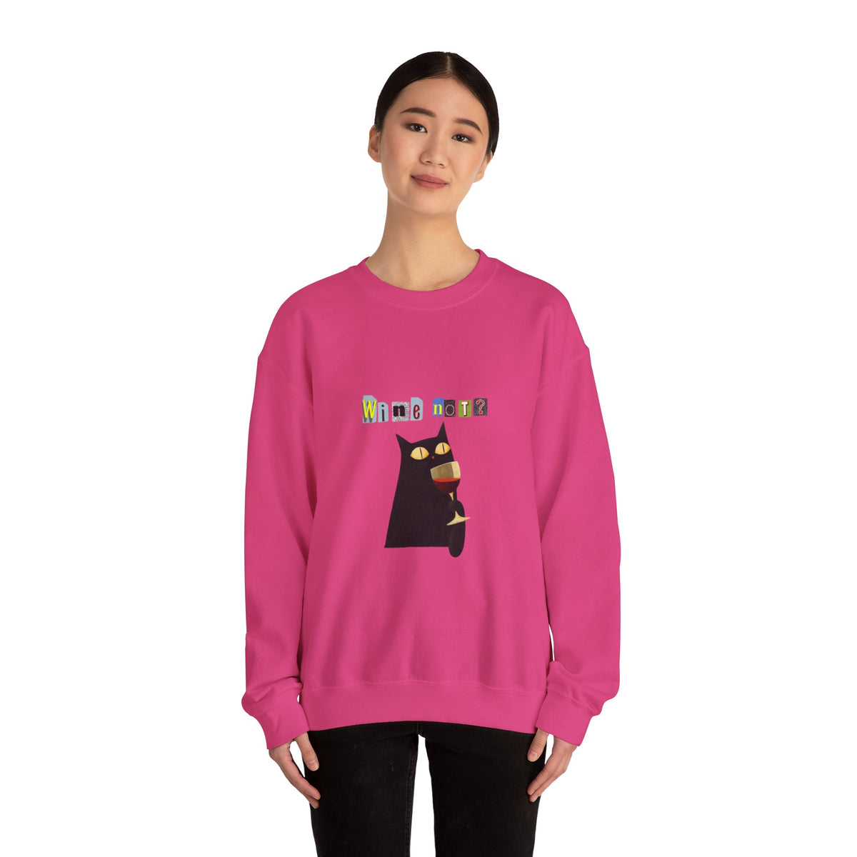 Black Cat Holding Wine Glass Crewneck Sweatshirt | Cute Cat Illustration