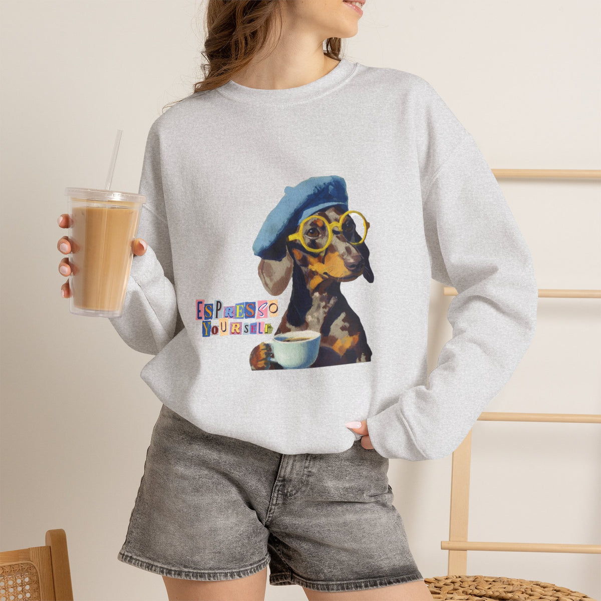 Dachshund in Beret and Sunglasses Sweatshirt | Espresso & Mornings Design
