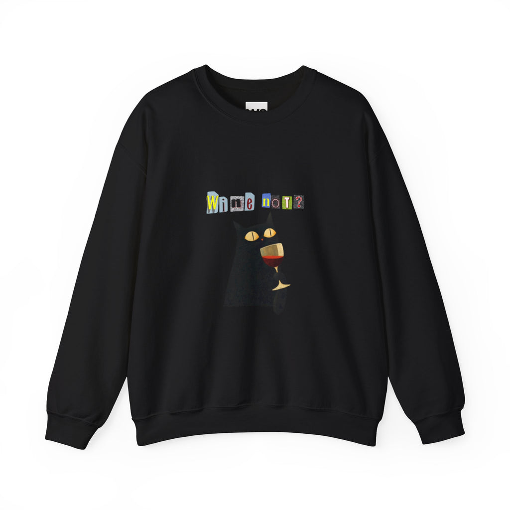 Black Cat Holding Wine Glass Crewneck Sweatshirt | Cute Cat Illustration
