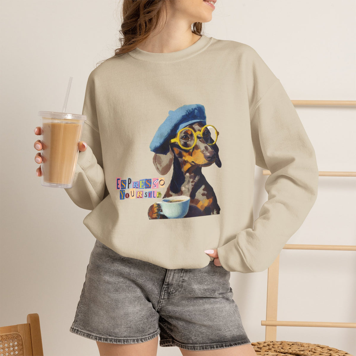 Dachshund in Beret and Sunglasses Sweatshirt | Espresso & Mornings Design