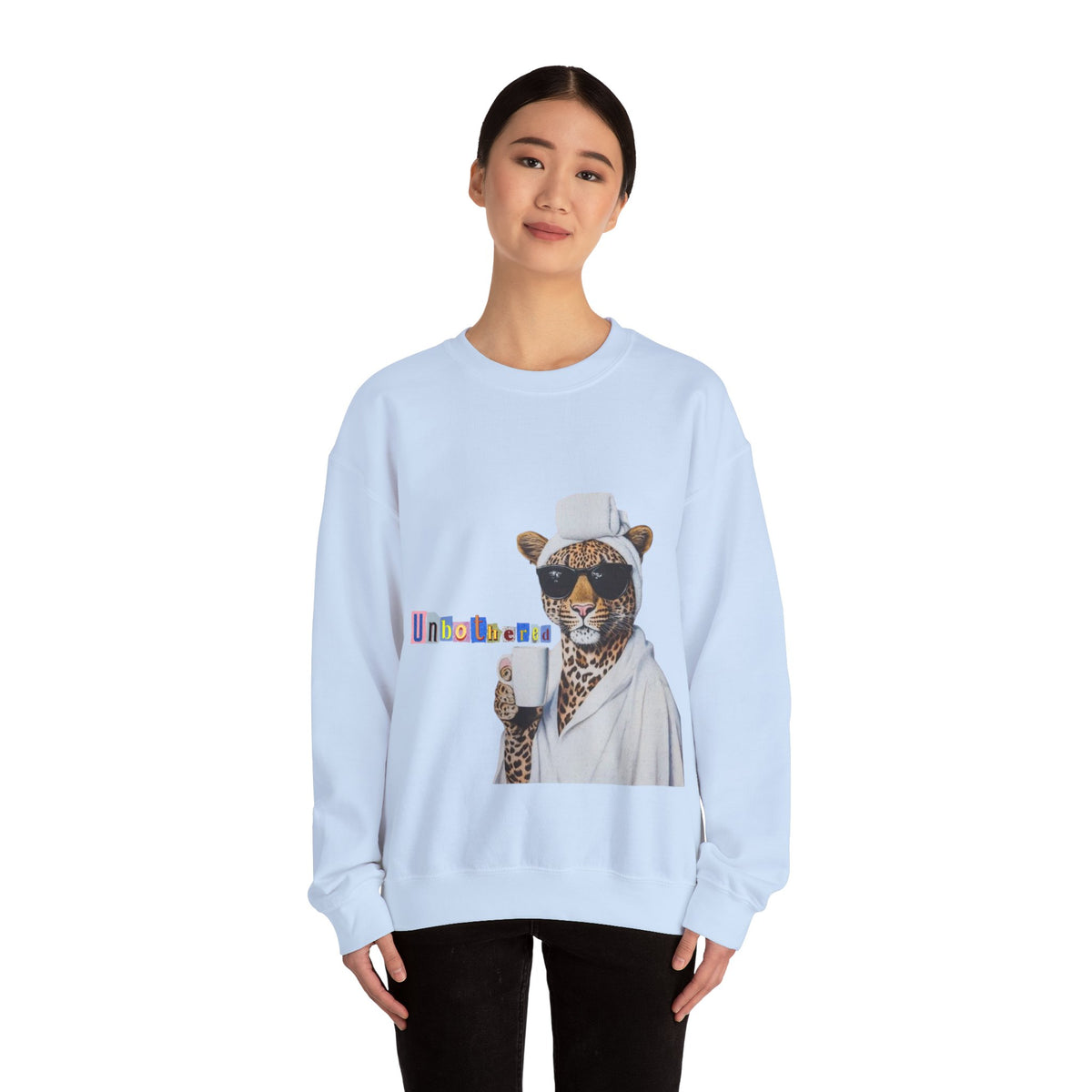 Leopard Spa Lounge with Coffee Crewneck Sweatshirt | Relaxed Animal Illustration