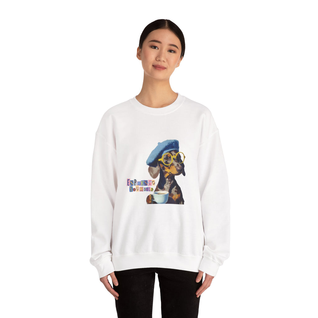 Dachshund in Beret and Sunglasses Sweatshirt | Espresso & Mornings Design