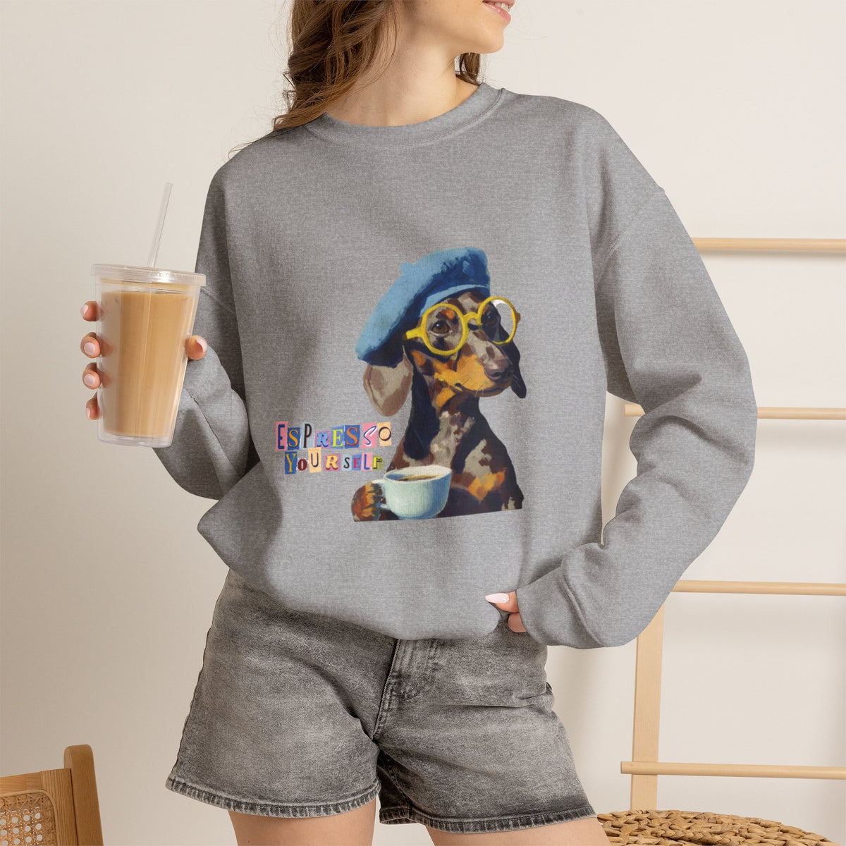 Dachshund in Beret and Sunglasses Sweatshirt | Espresso & Mornings Design