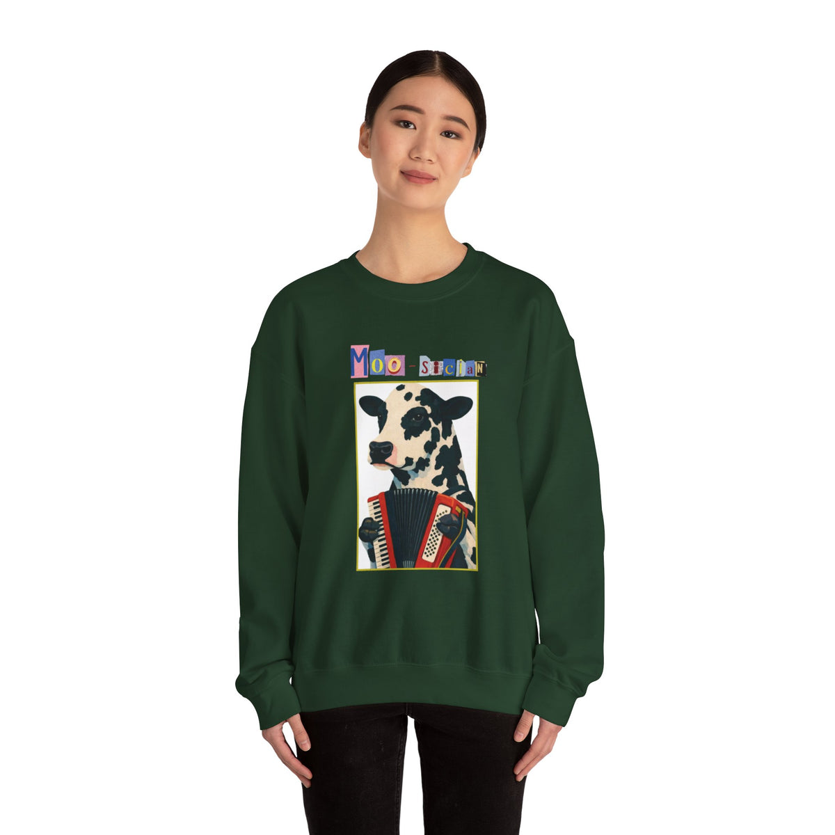 Cow Playing Accordion Crewneck, Retro Animal Music Sweatshirt