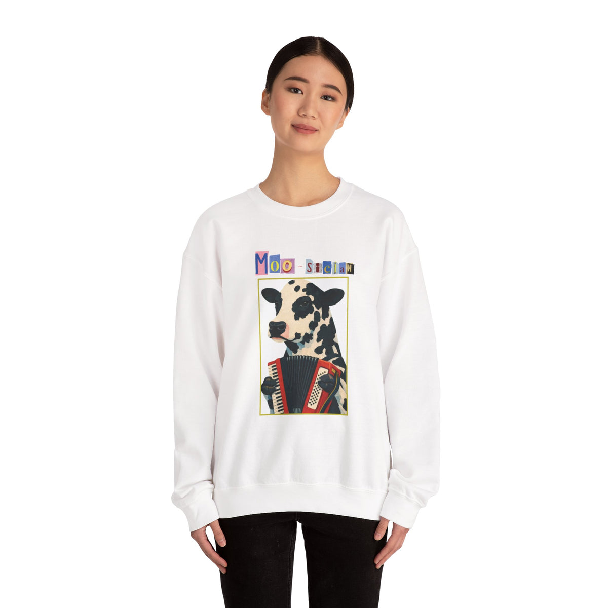 Cow Playing Accordion Crewneck, Retro Animal Music Sweatshirt