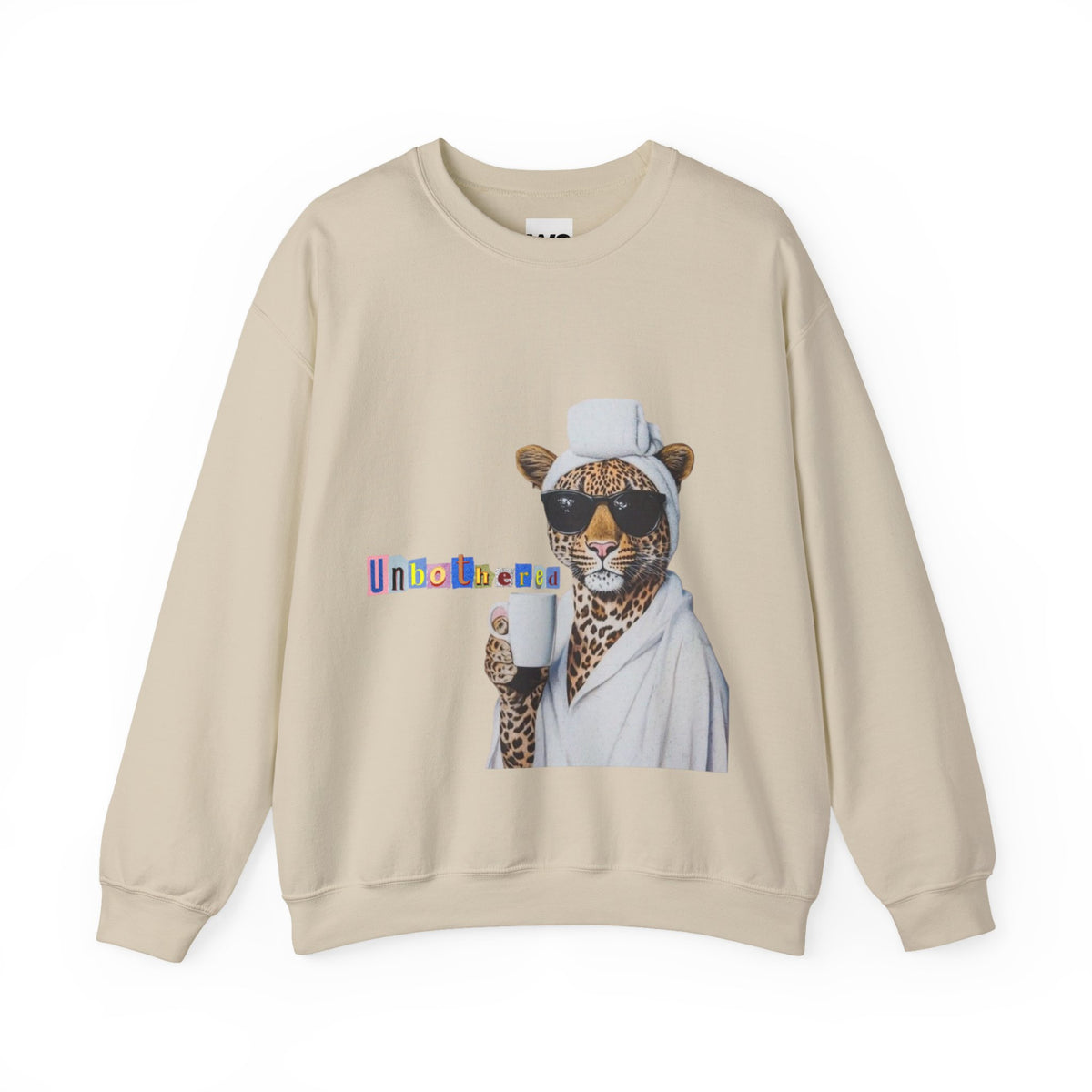 Leopard Spa Lounge with Coffee Crewneck Sweatshirt | Relaxed Animal Illustration