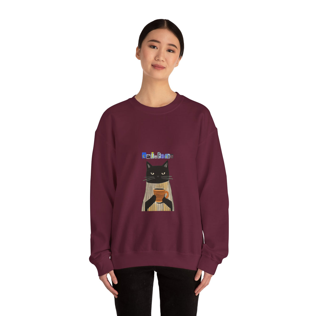 Black Cat Holding Coffee Crewneck Sweatshirt | Cozy Cat Illustration