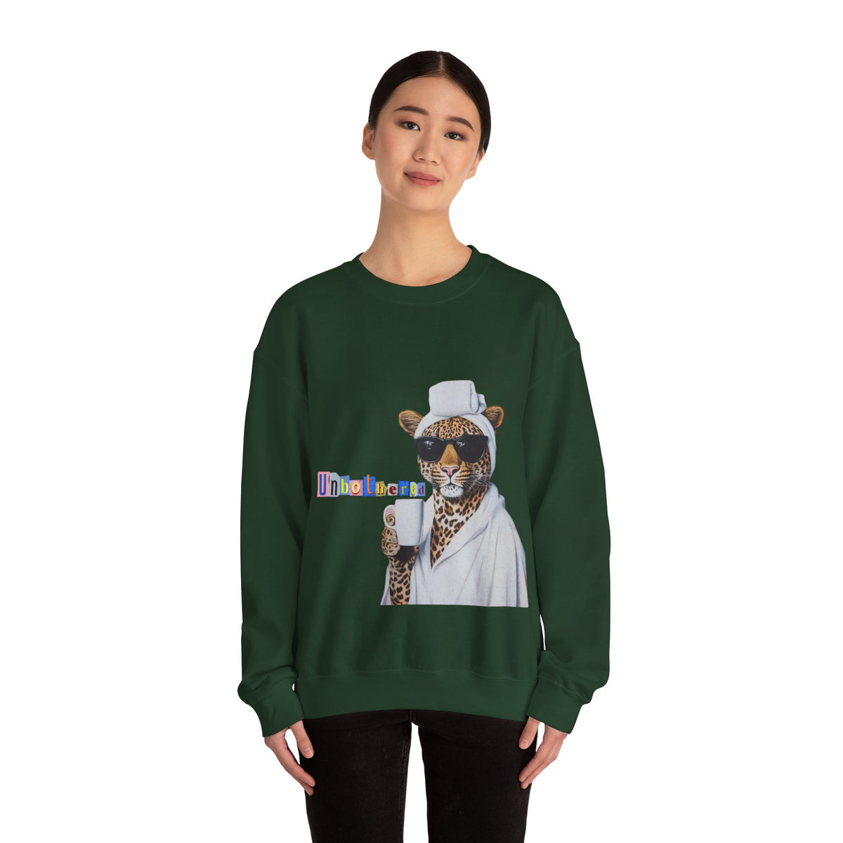Leopard Spa Lounge with Coffee Crewneck Sweatshirt | Relaxed Animal Illustration