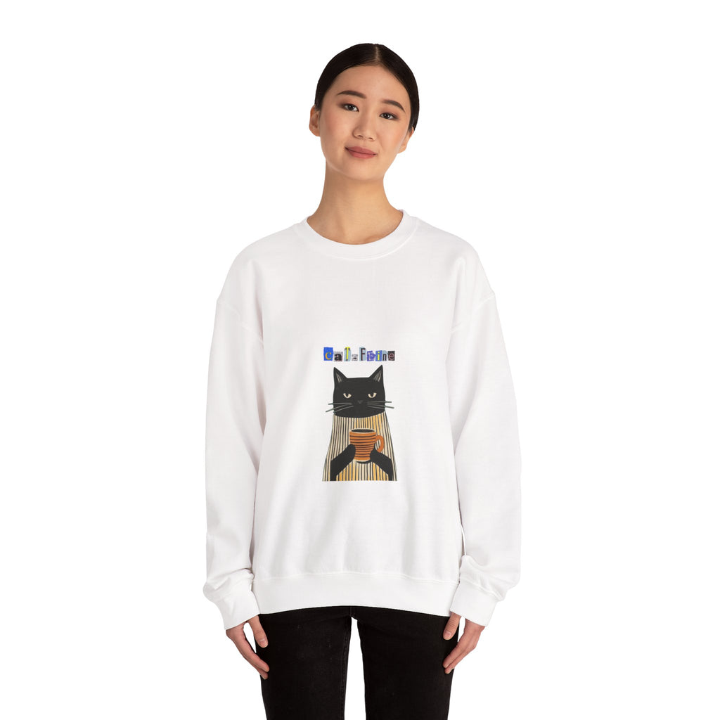 Black Cat Holding Coffee Crewneck Sweatshirt | Cozy Cat Illustration