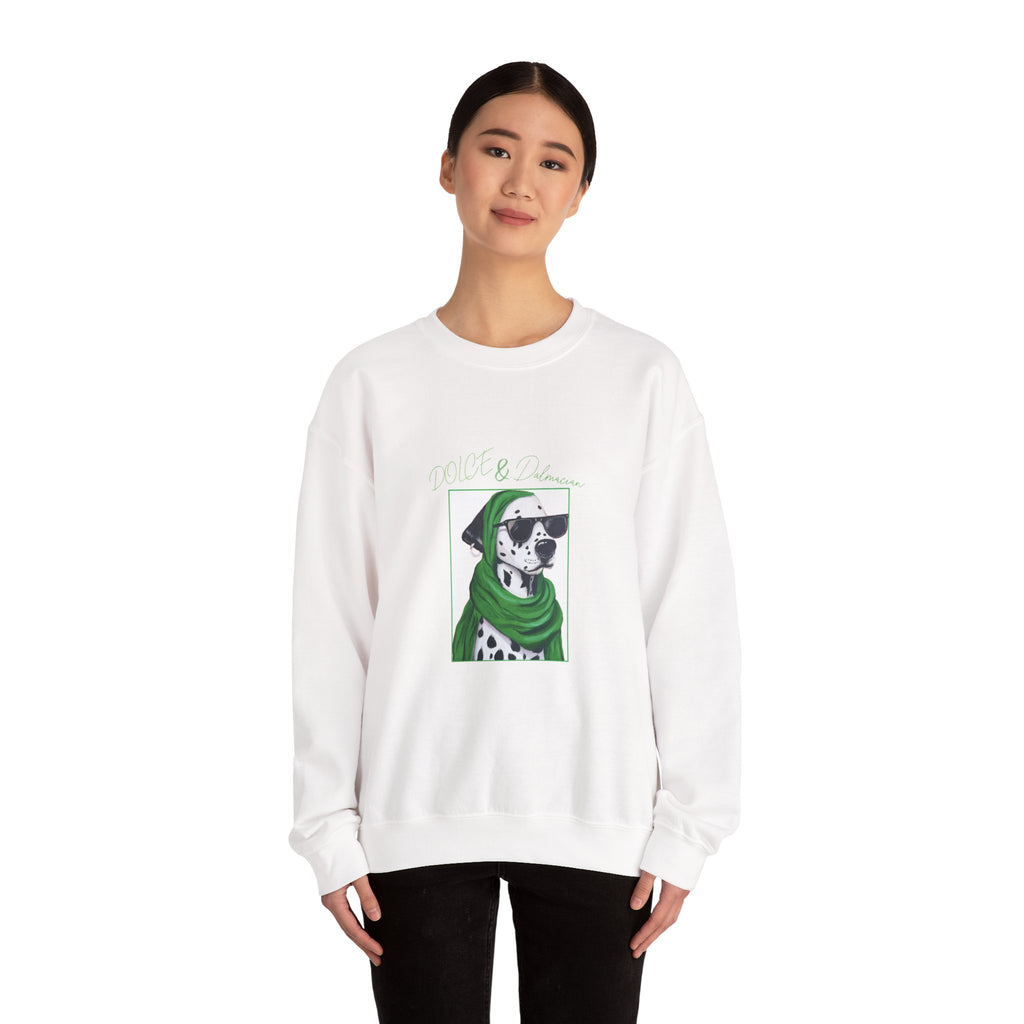 Dalmatian in Green Scarf sweatshirt | Dog Portrait, Winter Cozy