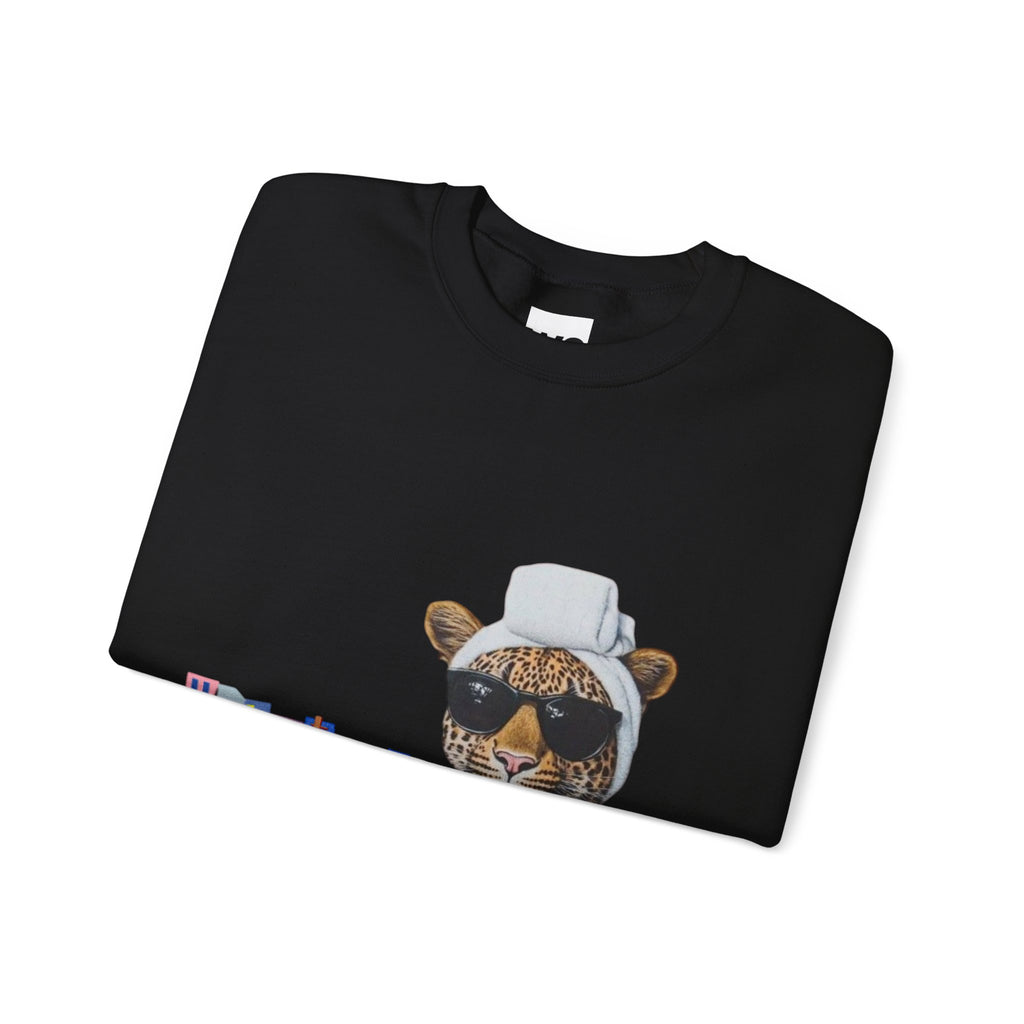 Leopard Spa Lounge with Coffee Crewneck Sweatshirt | Relaxed Animal Illustration