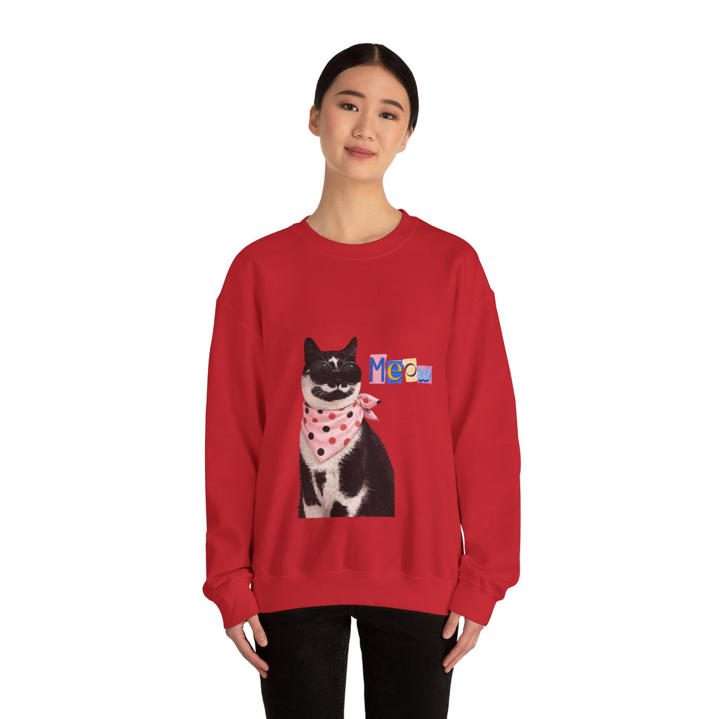Cute Black Cat with Polka Dot Bandana Sweatshirt | 'Meow' Graphic