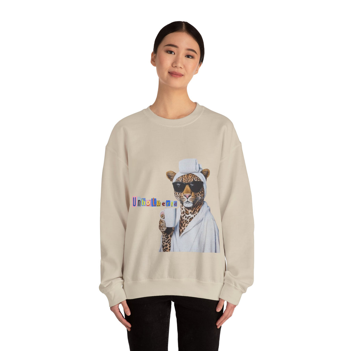 Leopard Spa Lounge with Coffee Crewneck Sweatshirt | Relaxed Animal Illustration