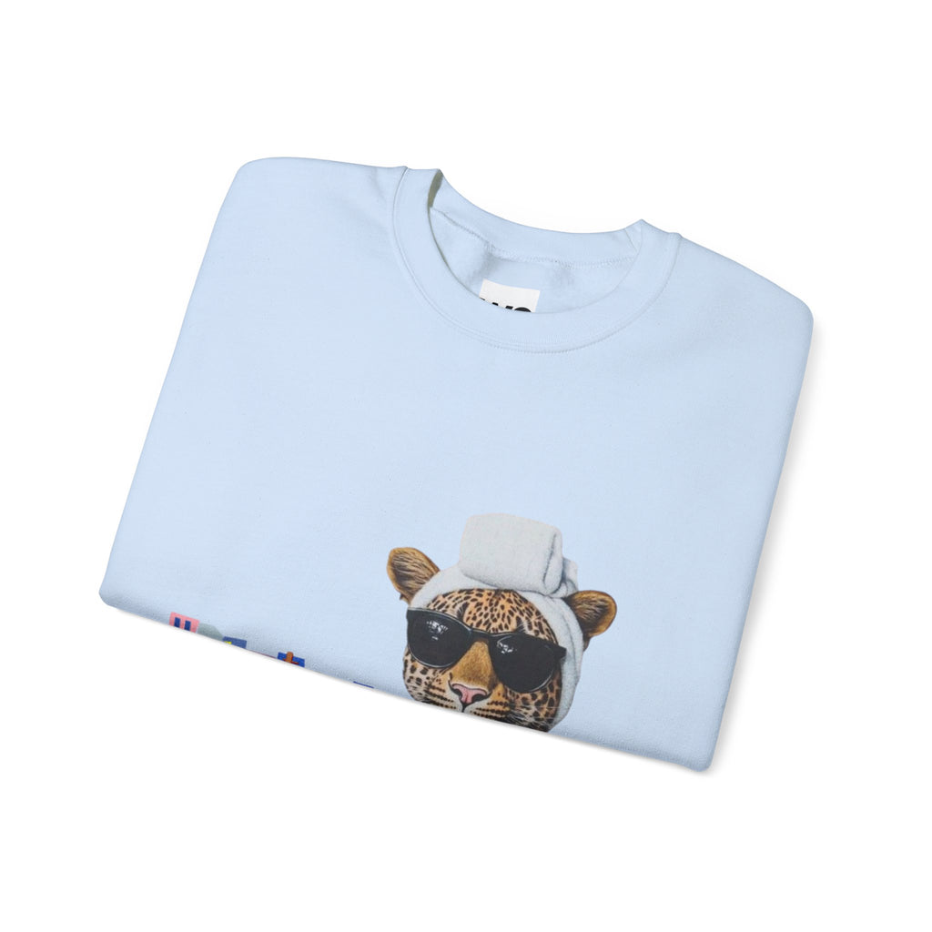 Leopard Spa Lounge with Coffee Crewneck Sweatshirt | Relaxed Animal Illustration
