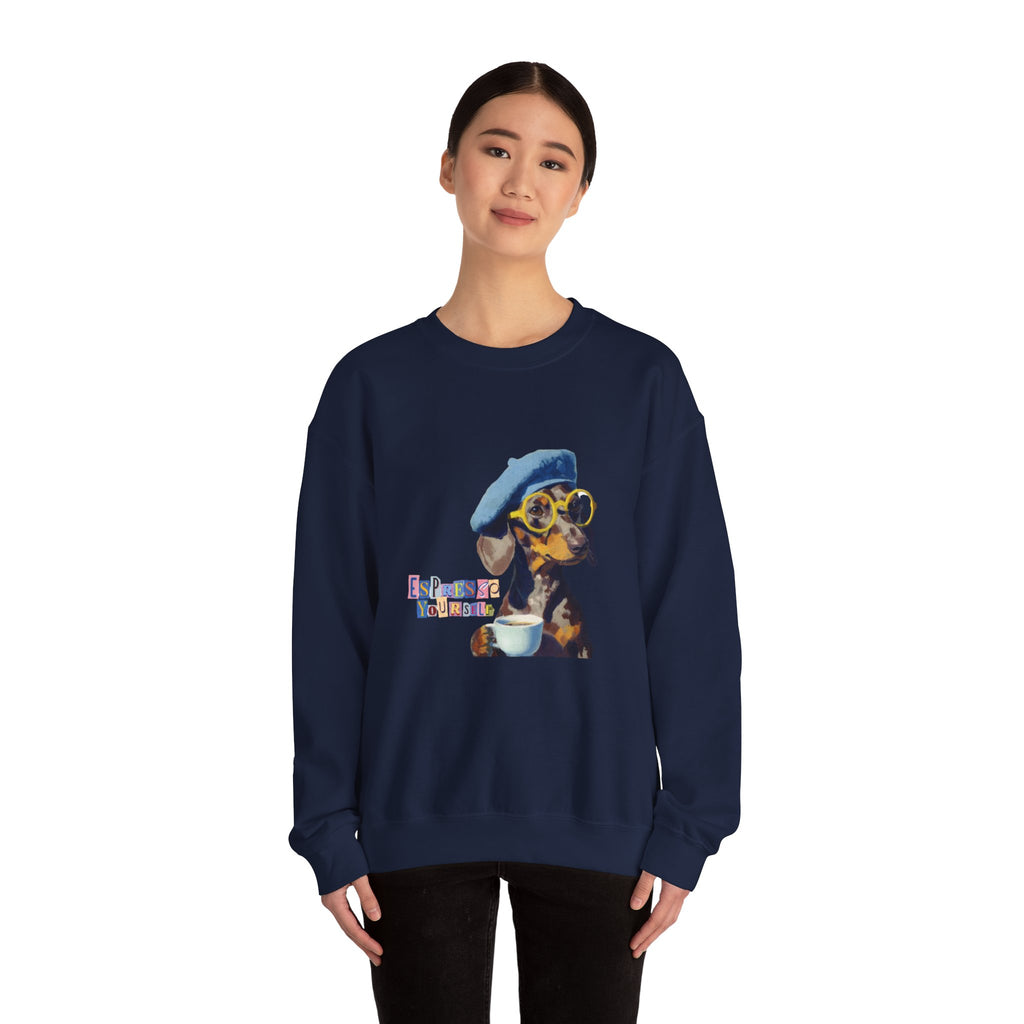 Dachshund in Beret and Sunglasses Sweatshirt | Espresso & Mornings Design