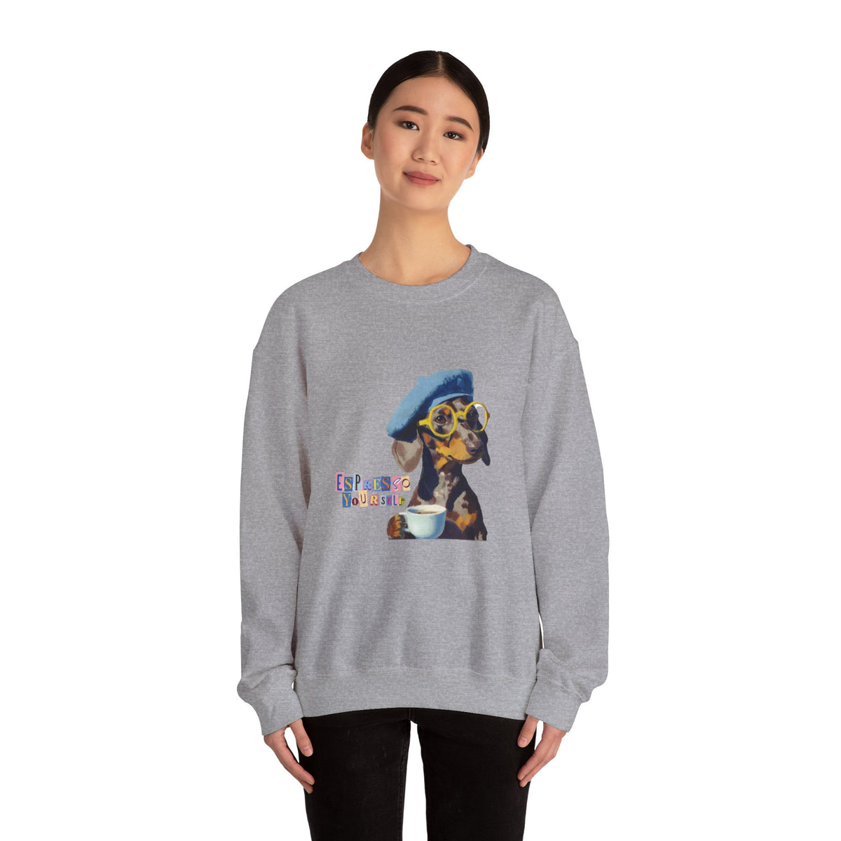 Dachshund in Beret and Sunglasses Sweatshirt | Espresso & Mornings Design