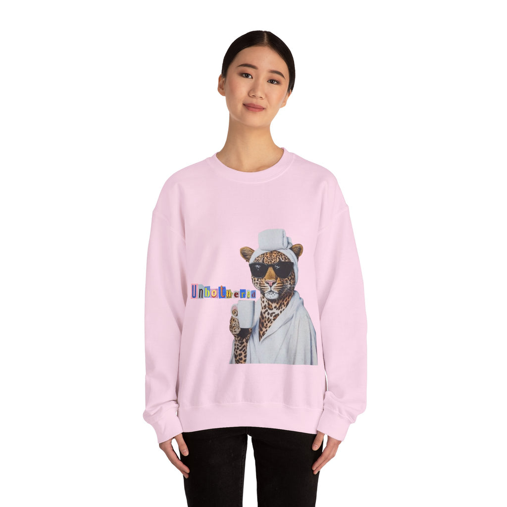 Leopard Spa Lounge with Coffee Crewneck Sweatshirt | Relaxed Animal Illustration