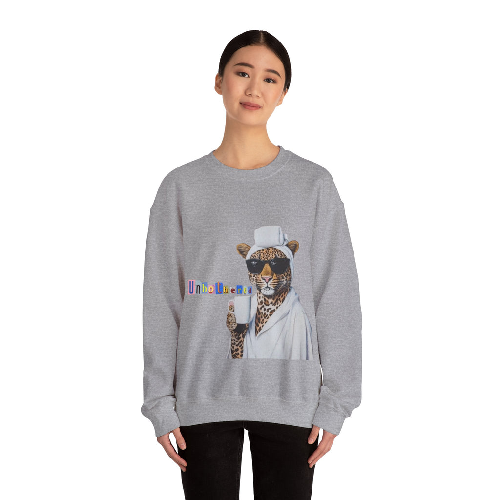 Leopard Spa Lounge with Coffee Crewneck Sweatshirt | Relaxed Animal Illustration