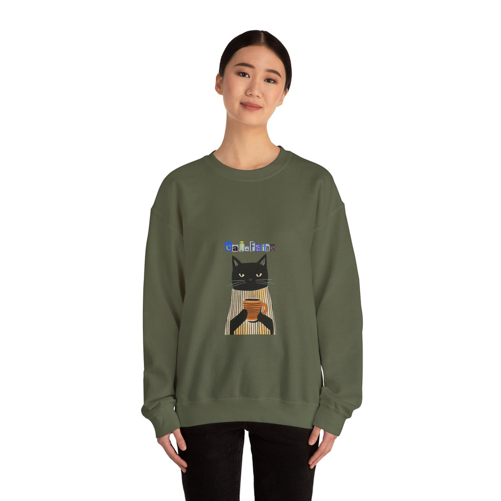 Black Cat Holding Coffee Crewneck Sweatshirt | Cozy Cat Illustration