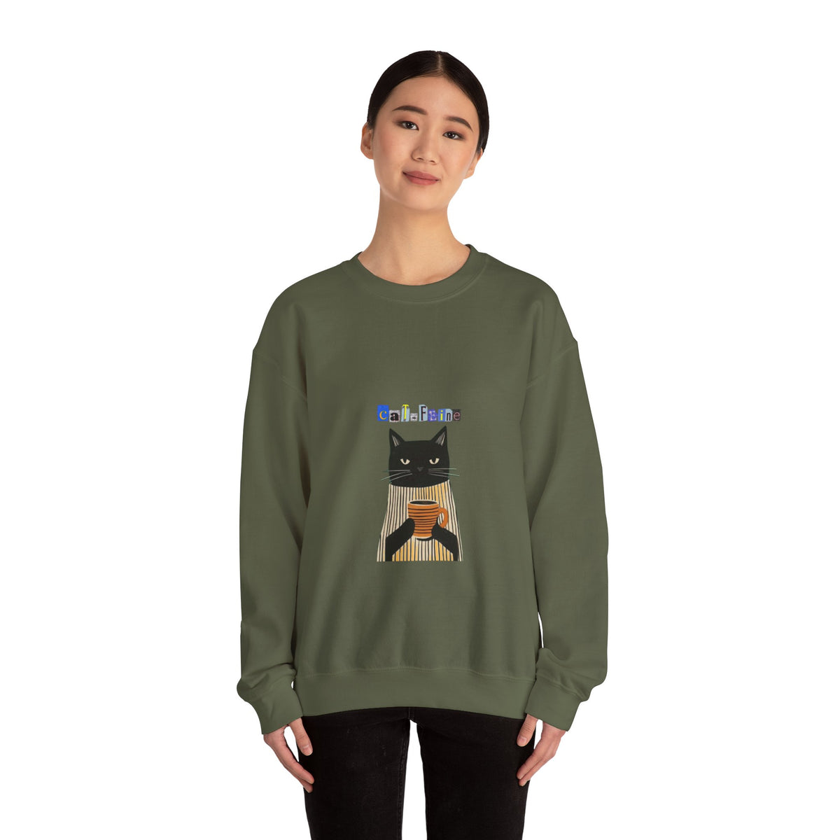 Black Cat Holding Coffee Crewneck Sweatshirt | Cozy Cat Illustration