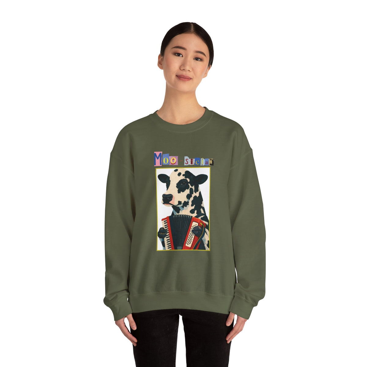 Cow Playing Accordion Crewneck, Retro Animal Music Sweatshirt