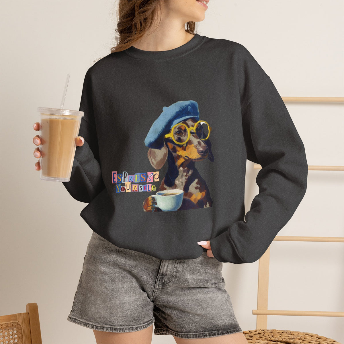 Dachshund in Beret and Sunglasses Sweatshirt | Espresso & Mornings Design