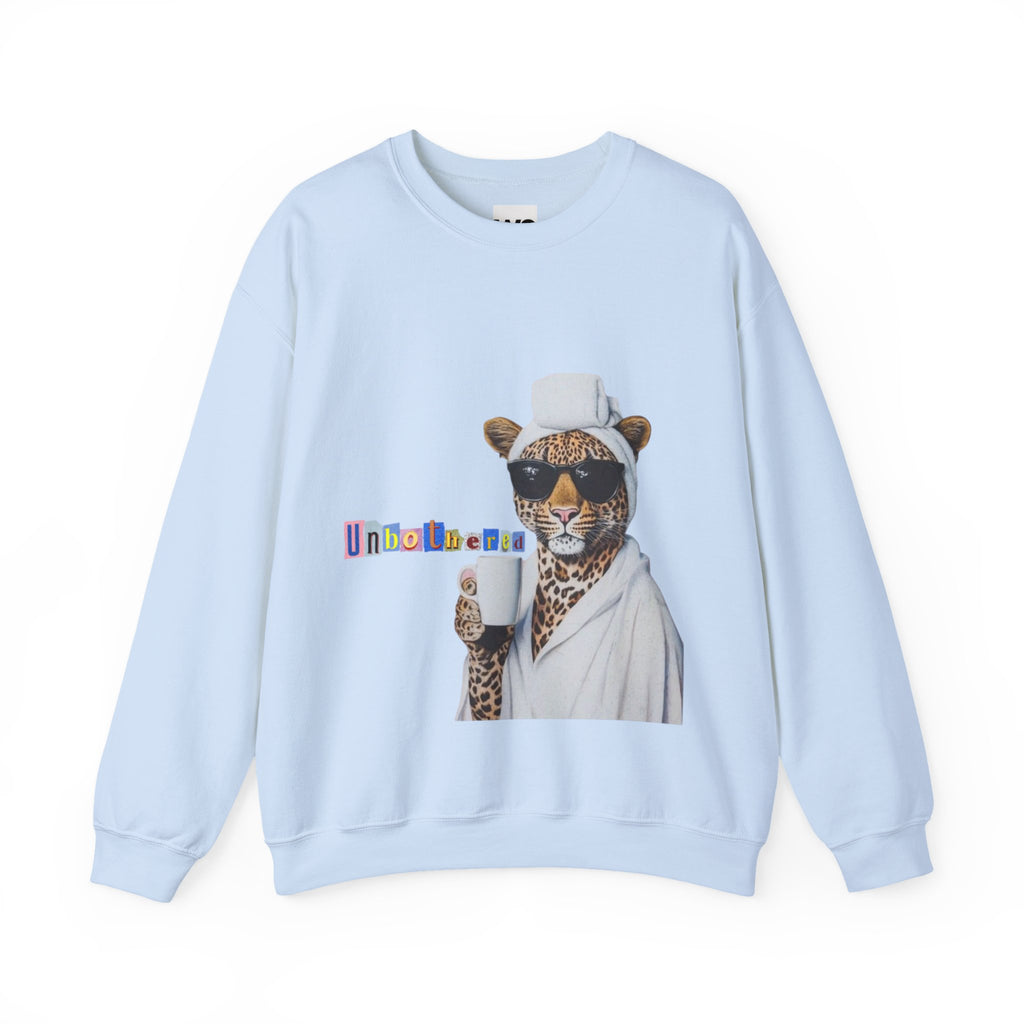 Leopard Spa Lounge with Coffee Crewneck Sweatshirt | Relaxed Animal Illustration