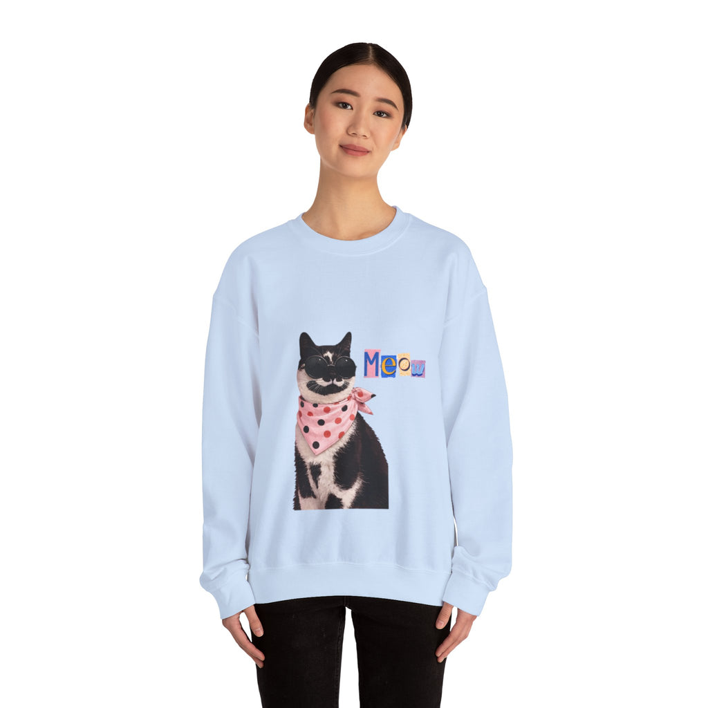 Cute Black Cat with Polka Dot Bandana Sweatshirt | 'Meow' Graphic