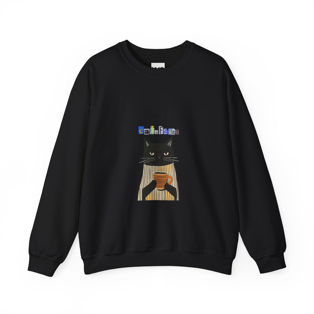 Black Cat Holding Coffee Crewneck Sweatshirt | Cozy Cat Illustration