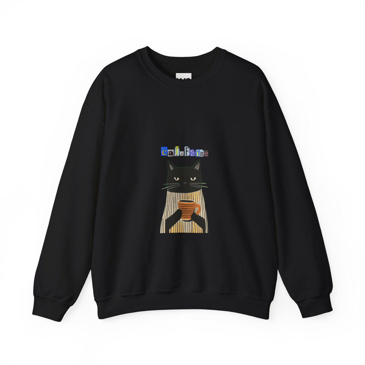 Black Cat Holding Coffee Crewneck Sweatshirt | Cozy Cat Illustration
