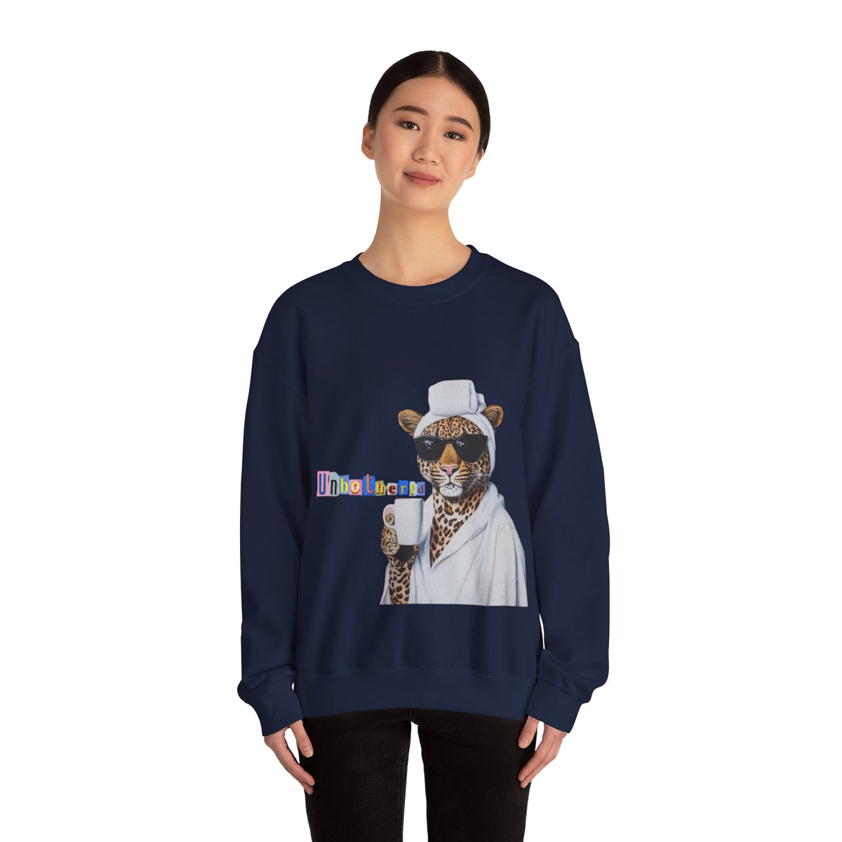 Leopard Spa Lounge with Coffee Crewneck Sweatshirt | Relaxed Animal Illustration