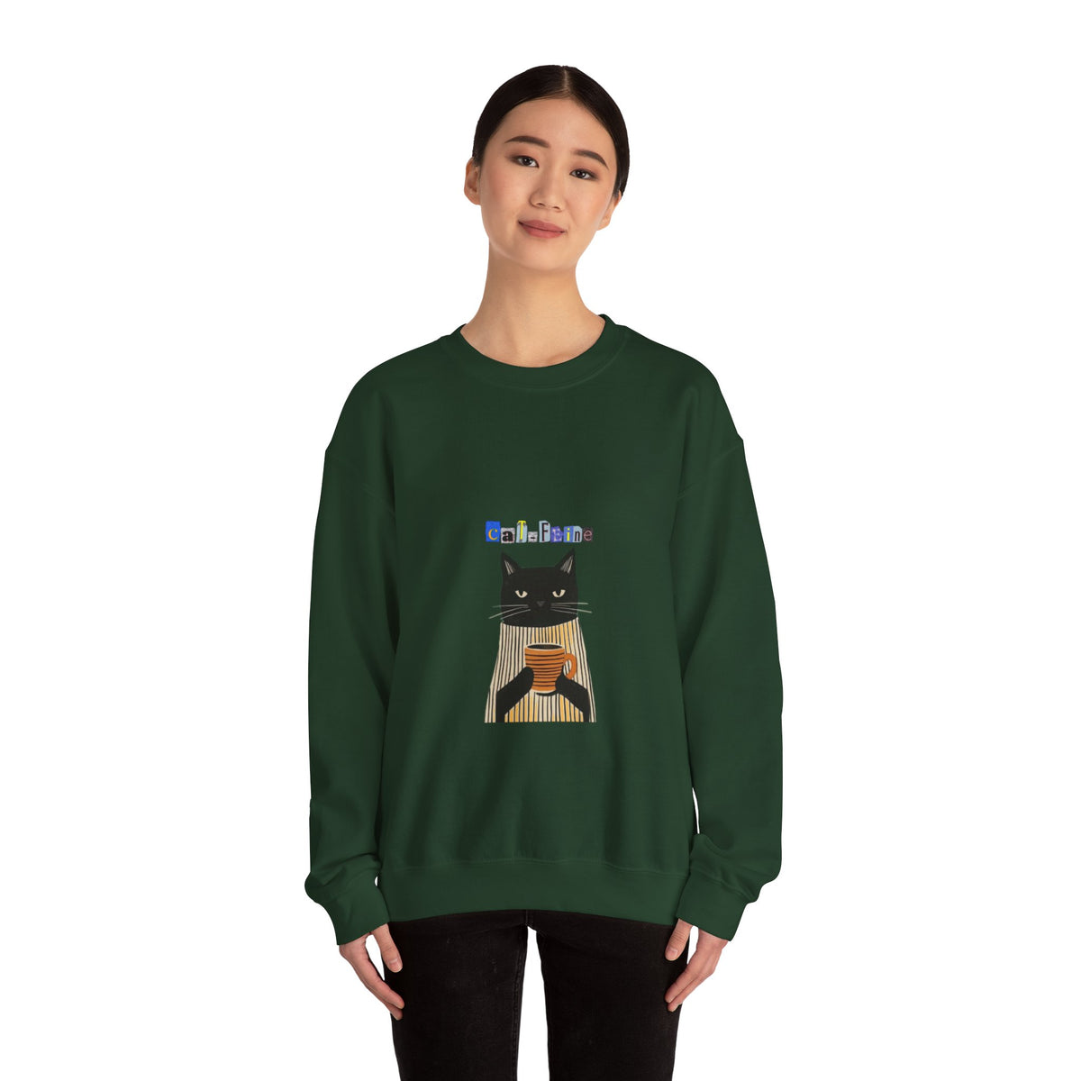 Black Cat Holding Coffee Crewneck Sweatshirt | Cozy Cat Illustration