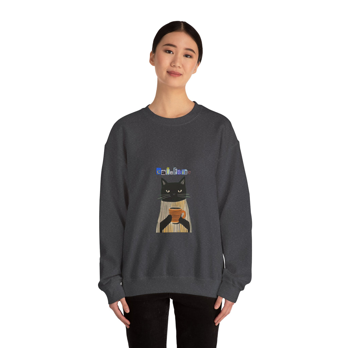 Black Cat Holding Coffee Crewneck Sweatshirt | Cozy Cat Illustration