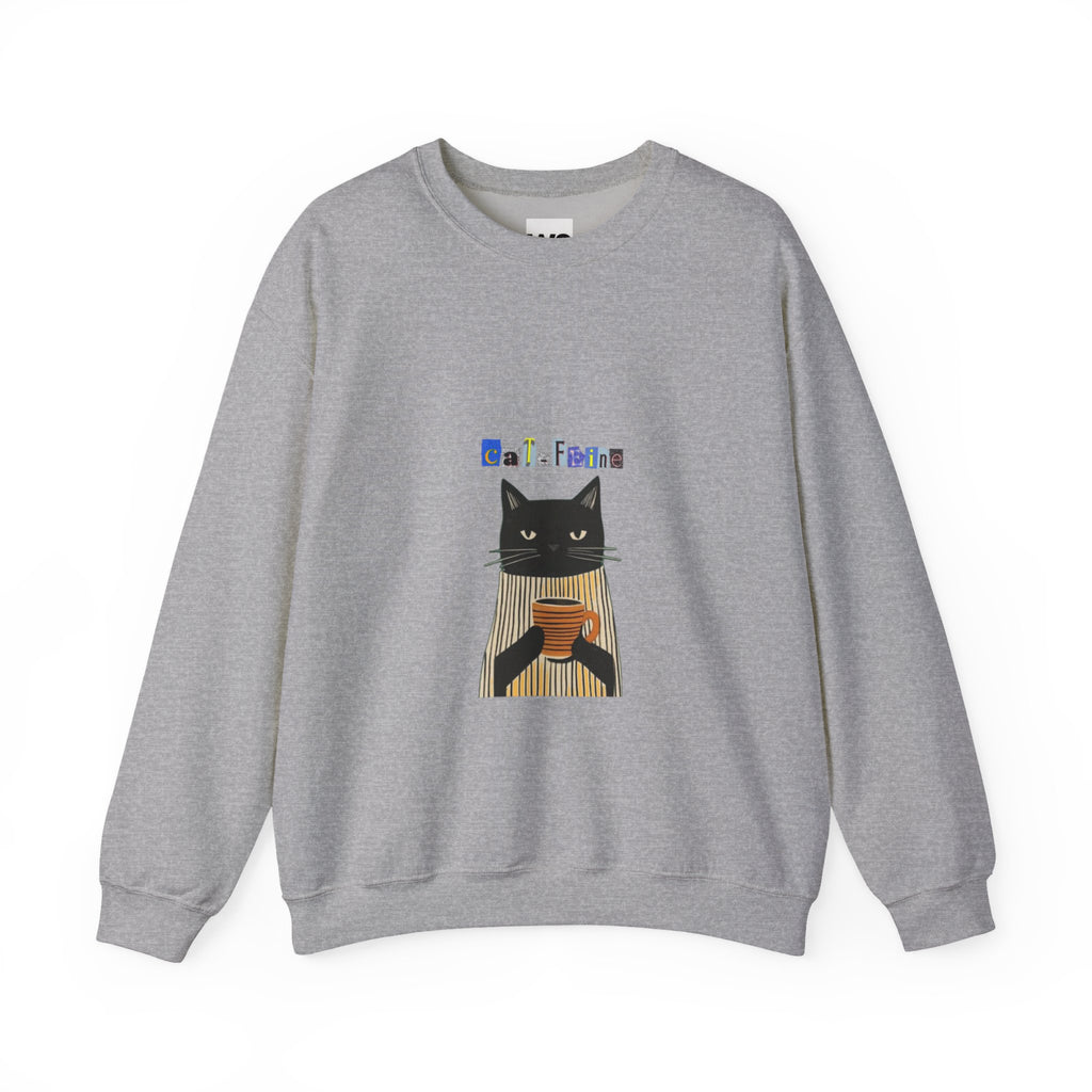 Black Cat Holding Coffee Crewneck Sweatshirt | Cozy Cat Illustration