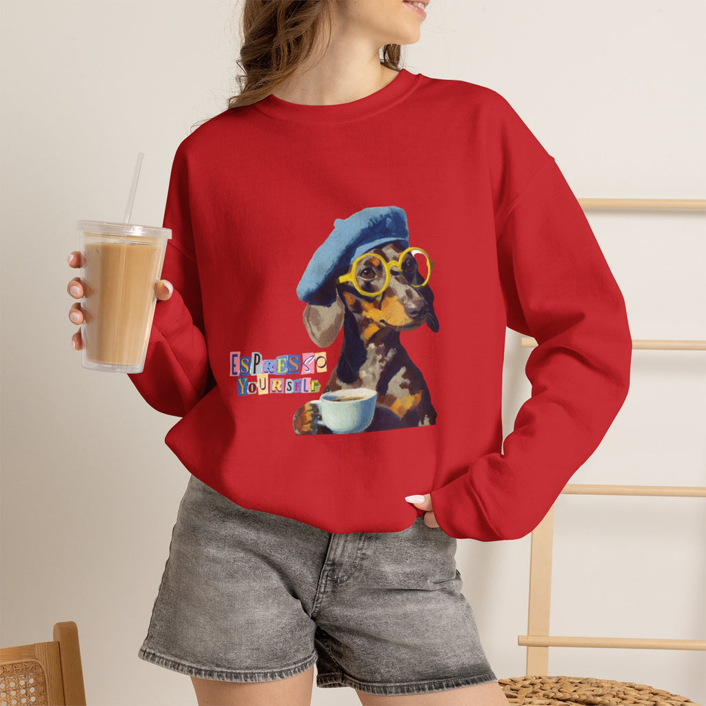 Dachshund in Beret and Sunglasses Sweatshirt | Espresso & Mornings Design