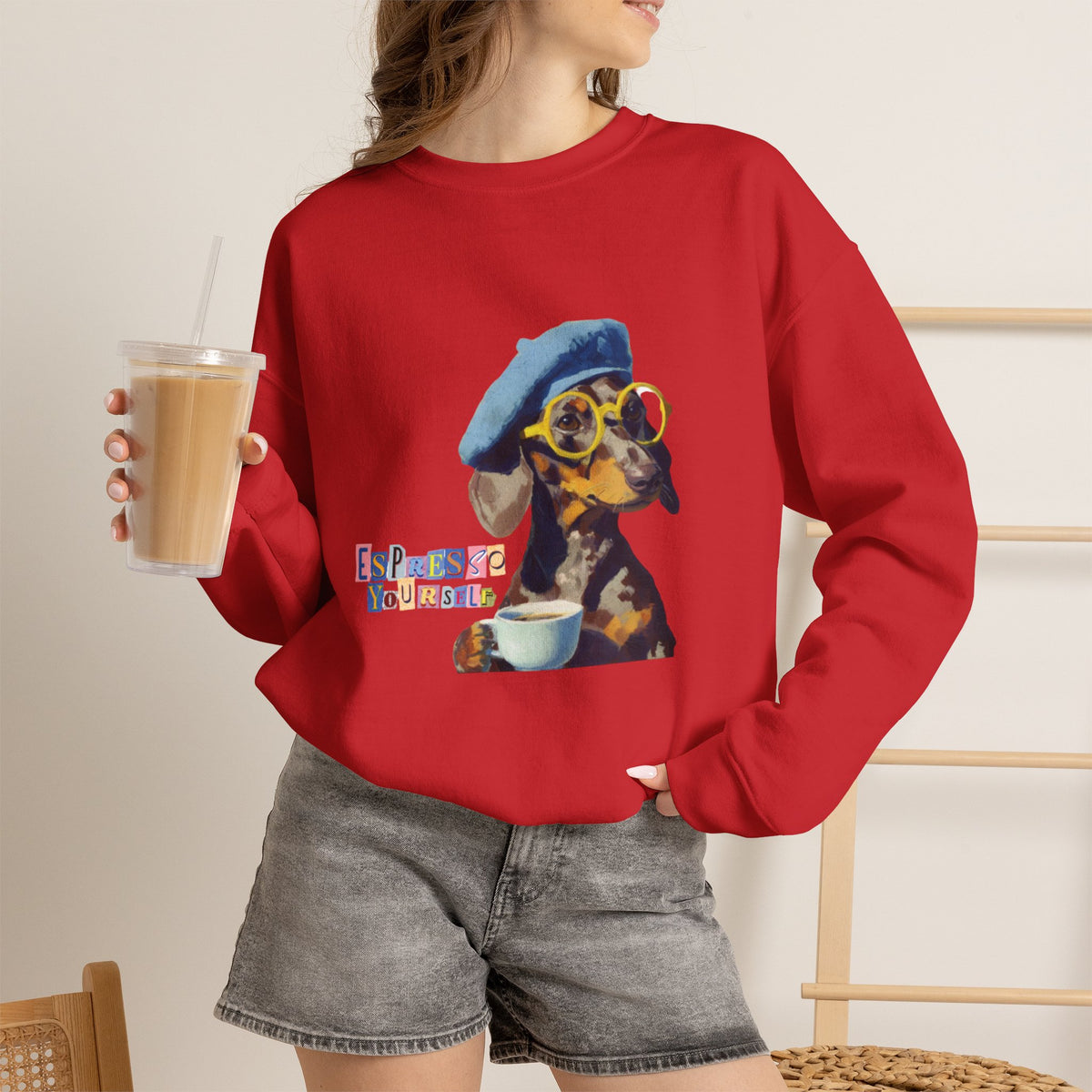 Dachshund in Beret and Sunglasses Sweatshirt | Espresso & Mornings Design