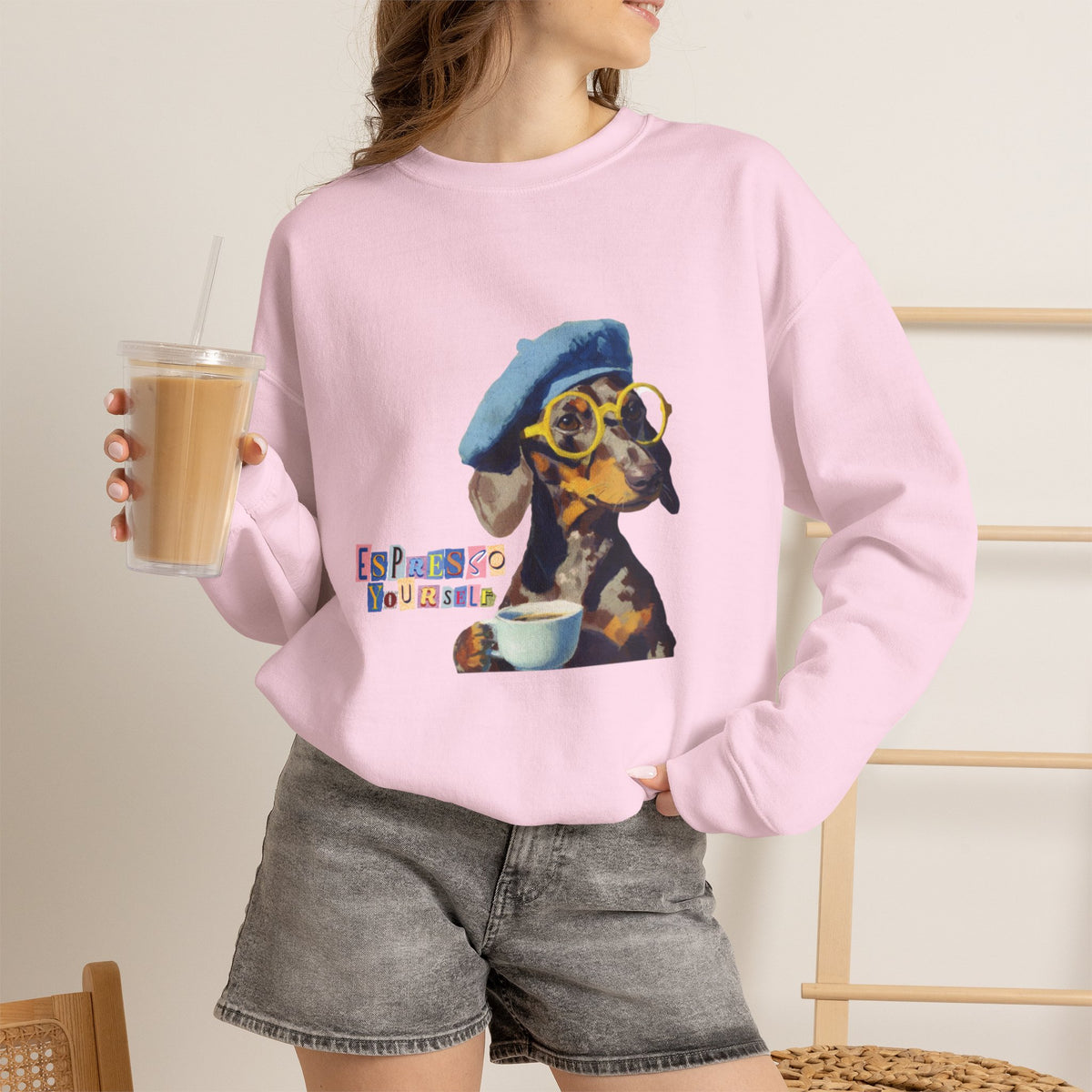 Dachshund in Beret and Sunglasses Sweatshirt | Espresso & Mornings Design