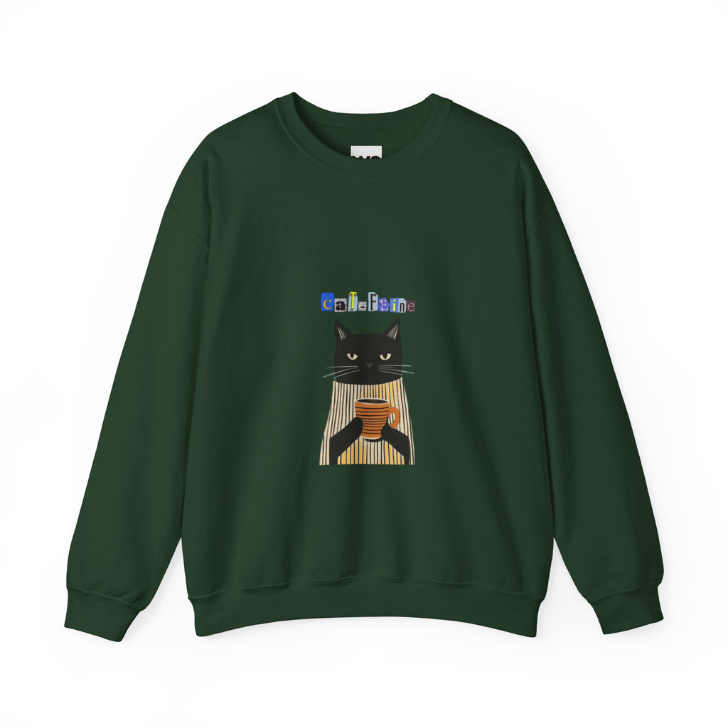 Black Cat Holding Coffee Crewneck Sweatshirt | Cozy Cat Illustration
