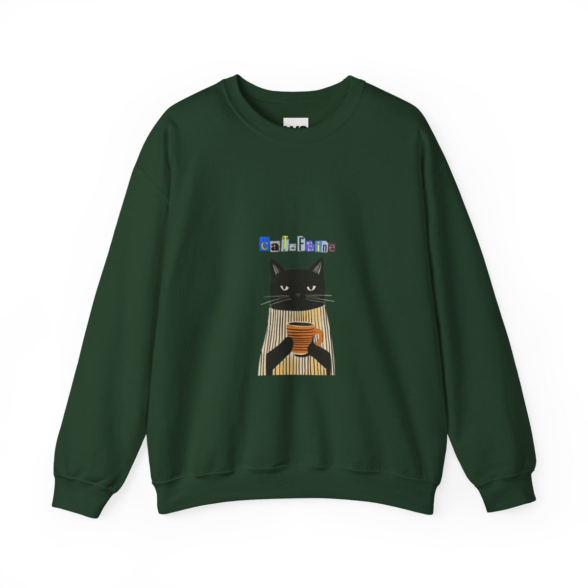 Black Cat Holding Coffee Crewneck Sweatshirt | Cozy Cat Illustration