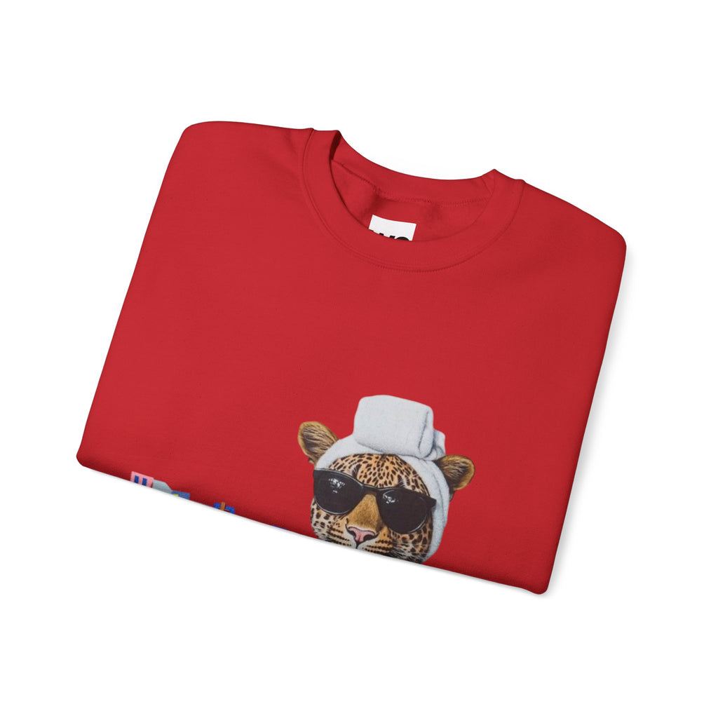 Leopard Spa Lounge with Coffee Crewneck Sweatshirt | Relaxed Animal Illustration